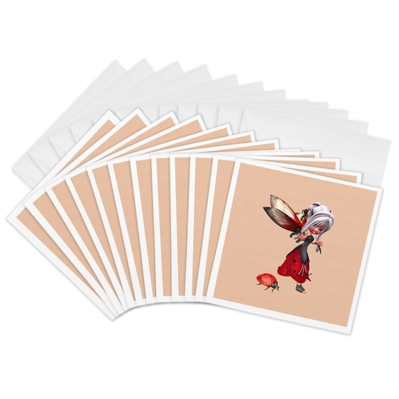 3drose, a Cute Ladybug Fairy and Her Ladybug, 12 Greeting Cards with Envelopes