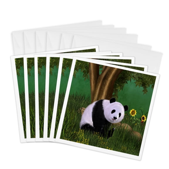 3drose, a Cute Panda Bear Sits in a Meadow under a Tree, 6 Greeting Cards with Envelopes