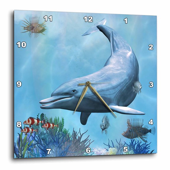 3drose, a Dolphin Swims in a Dreamy Seascape. Fishes Swarm Around the Dolphin, 15x15 Wall Clock