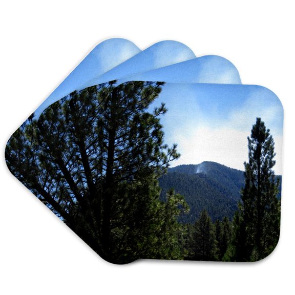 3drose, a Fire in the Distance on a Mountain in Pine Valley with Trees, Set of 4 Coasters - Soft