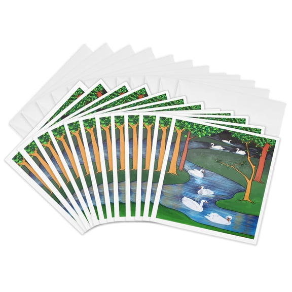 3drose, a Flock of Seven Swans-a-swimming Vector Art, 12 Greeting Cards with Envelopes