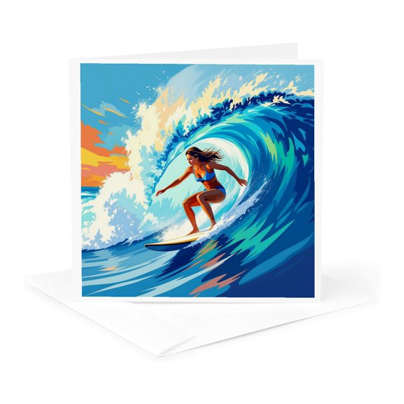 3drose, a Girl Surfer Rides the Wave at Noon. Beautiful Art, Gift, Card, 1 Greeting Card with Envelope