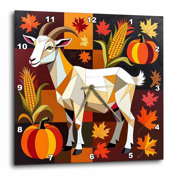 3drose, a Goat, Fruits and Vegetables. Autumn Harvest, Thanksgiving Art, 15x15 Wall Clock