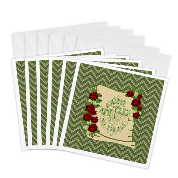 3drose, a Happy New Year to You All, Scroll, Red Flower Design, Chevron Design, 6 Greeting Cards with Envelopes