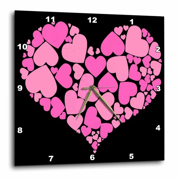 3drose, a Heart Full of Girly Pink Hearts on Black Background, 15x15 Wall Clock