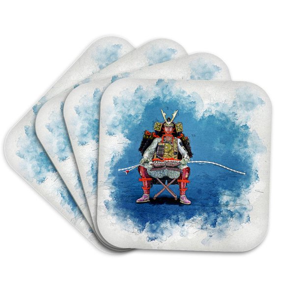 3drose, a Kibamusha Samurai Archer Seated Before Using His Bow, Set of 4 Coasters - Cork