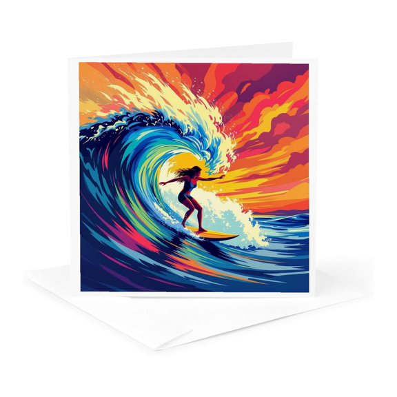 3drose, a Lady Surfer Rides the Wave. Red Sky, Blue Wave. Art, Gift, Card, 1 Greeting Card with Envelope