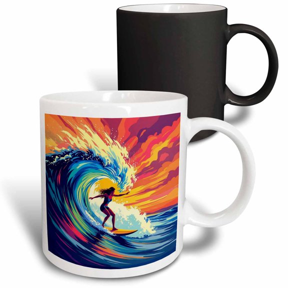 3drose, a Lady Surfer Rides the Wave. Red Sky, Blue Wave. Art, Gift, Card, 11oz Magic Transforming Mug