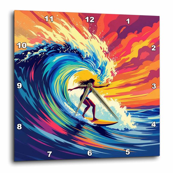 3drose, a Lady Surfer Rides the Wave. Red Sky, Blue Wave. Art, Gift, Card, 15x15 Wall Clock