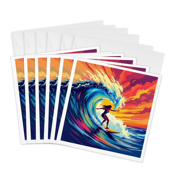 3drose, a Lady Surfer Rides the Wave. Red Sky, Blue Wave. Art, Gift, Card, 6 Greeting Cards with Envelopes