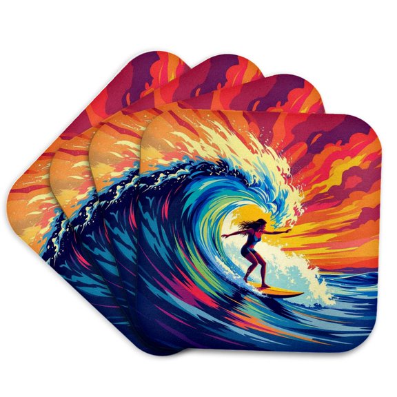 3drose, a Lady Surfer Rides the Wave. Red Sky, Blue Wave. Art, Gift, Card, Set of 4 Coasters - Soft
