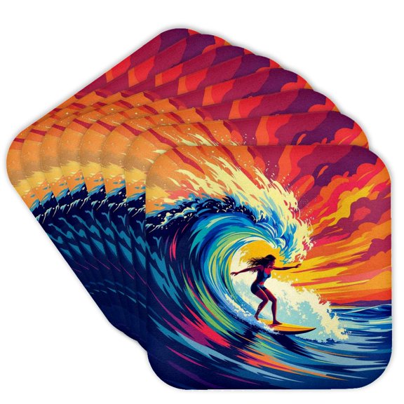 3drose, a Lady Surfer Rides the Wave. Red Sky, Blue Wave. Art, Gift, Card, Set of 8 Coasters - Soft