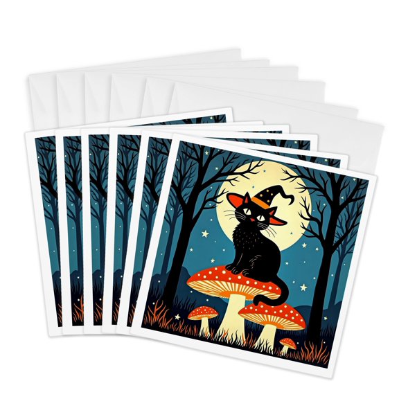 3drose, a Little Black Witchy Cat Sitting on a Toadstool 1, 6 Greeting Cards with Envelopes
