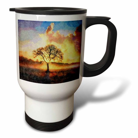 3drose, a Lonely Tree in the Sunset Image of Watercolor Painting, 14oz Stainless Steel Travel Mug