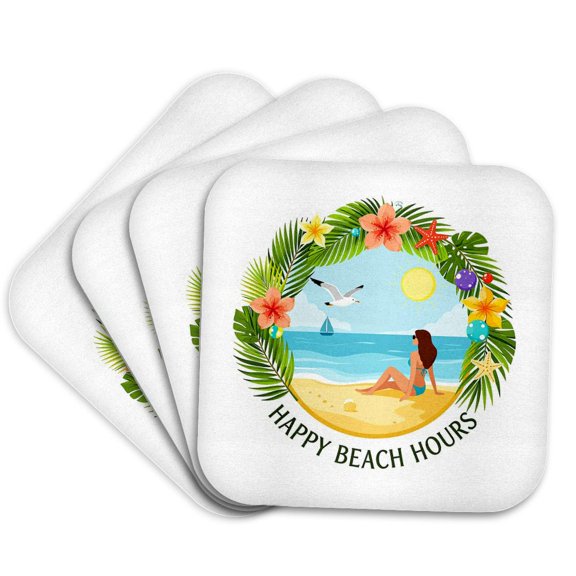 3drose, a Lovely Lady on the Beach. Happy Beach Hours Text. Summer Art Gift, Set of 4 Coasters - Soft