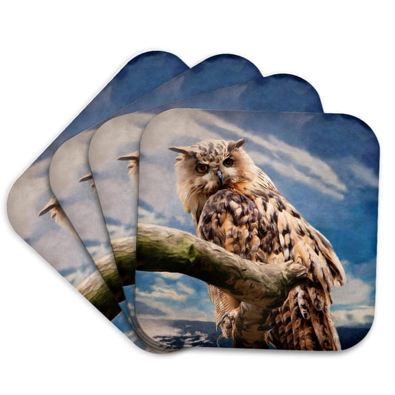 3drose, a Magnificent Painting Owl Sitting on a Tree Trunk, Set of 4 Coasters - Cork