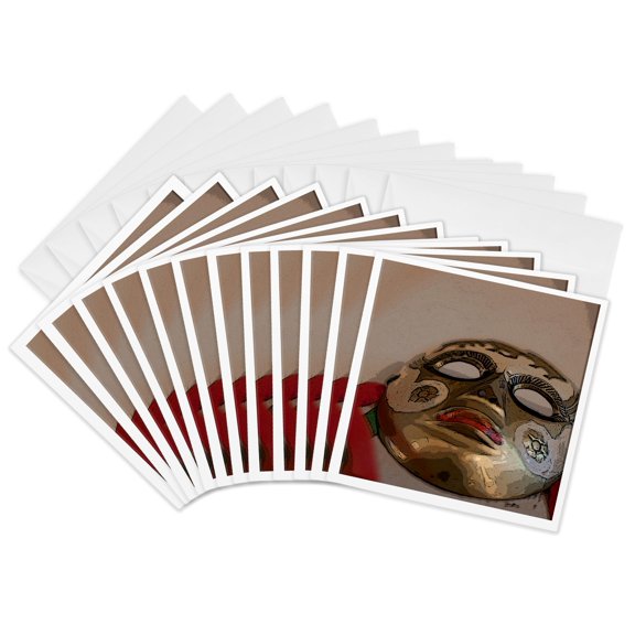 3drose, a Metal Masquerade Face Mask Hanging on a Wall Shot from Below and Posturized with Red Ribbon, 12 Greeting Cards with Envelopes