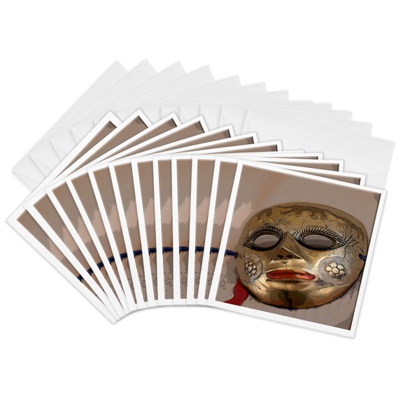 3drose, a Metal Masquerade Face Mask Hanging on a Wall Shot from Below and Posturized with Red Ribbon, 12 Greeting Cards with Envelopes