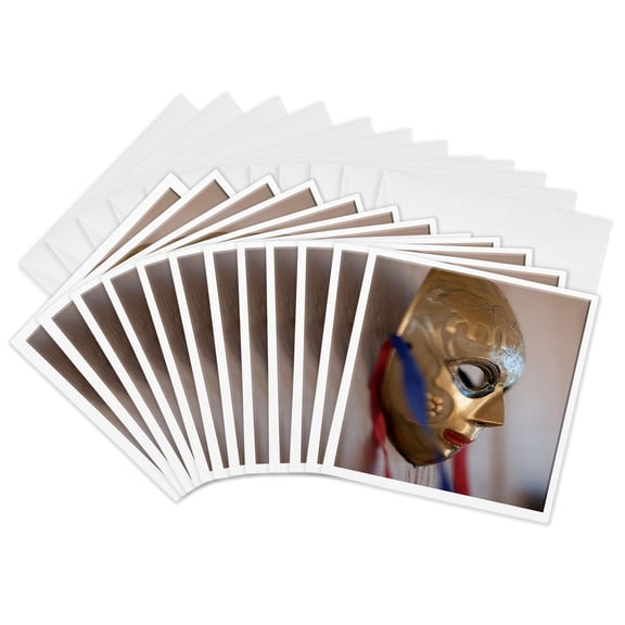 3drose, a Metal Masquerade Face Mask Hanging on a Wall Shot with Blue and Red Ribbon Hanging on Wall, 12 Greeting Cards with Envelopes