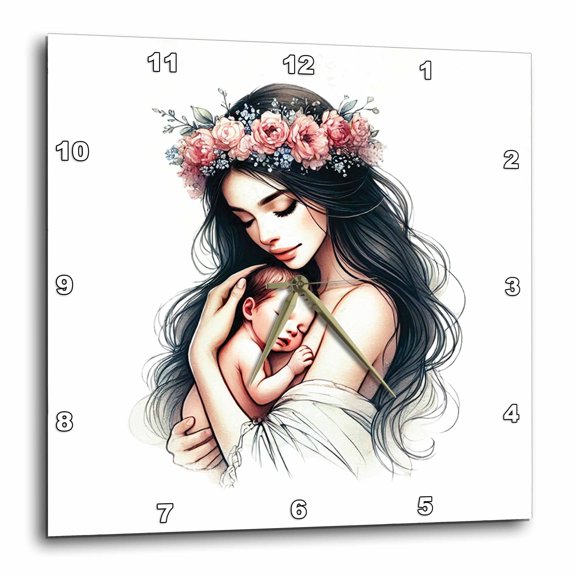 3drose, a Mom in Flower Wreath Nurses Her Little Baby. Mothers Day Artsy Gift, 15x15 Wall Clock