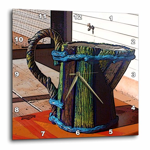 3drose, a Painted Ceramic Pot in Brown, Blue Ad Yellow with a Rope Handle, 15x15 Wall Clock