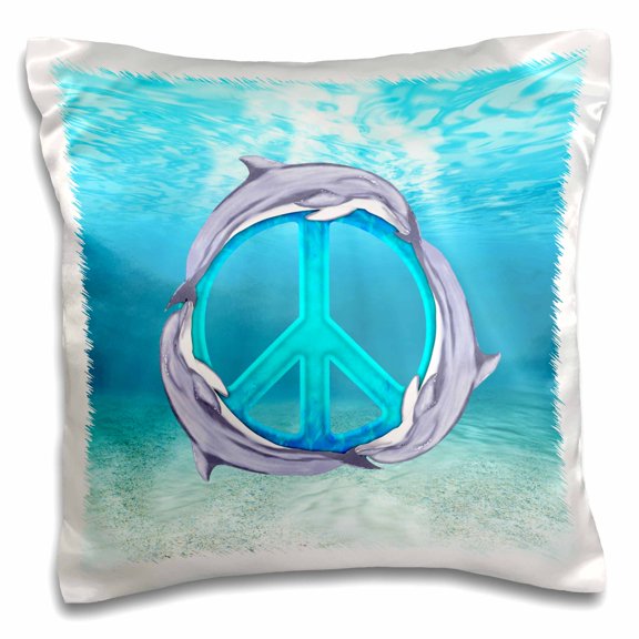 3drose, a Pod of Dolphins Swimming Around a Ocean Blue Peace Sign., 16x16 inch Pillow Case