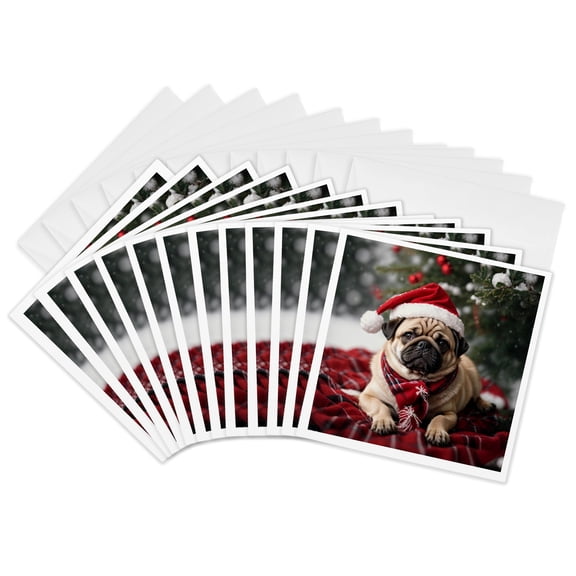 3drose, a Pug Wearing a Santa Hat and Scarf, 12 Greeting Cards with Envelopes