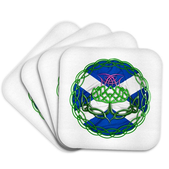 3drose, a Scottish Thistle Symbol with Saint Andrews Cross Flag Background., Set of 4 Coasters - Soft