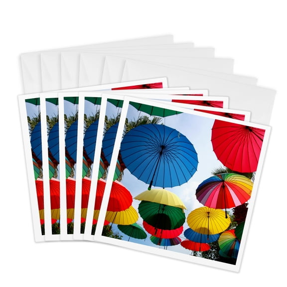 3drose, a Shower of Rainbow Coloured Umbrellas, 6 Greeting Cards with Envelopes