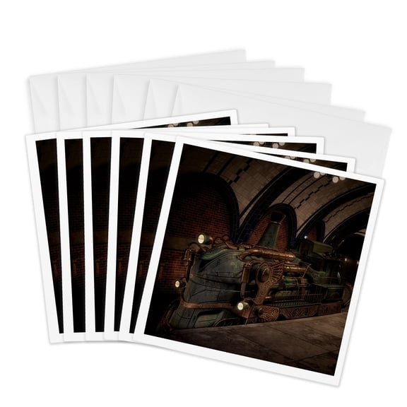 3drose, a Steampunk Train at a Modern Station, 6 Greeting Cards with Envelopes