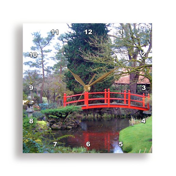 3drose, a Stunning Red Bridge in the Garden of Japan in Ireland, 15x15 Wall Clock