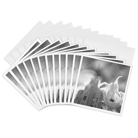 3drose, a Temple in Black and White with Layers Blended on Flowers, 12 Greeting Cards with Envelopes