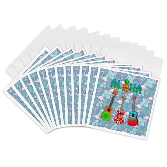 3drose, a Tropical Island Aloha with Pineapple and Island Ukuleles., 12 Greeting Cards with Envelopes