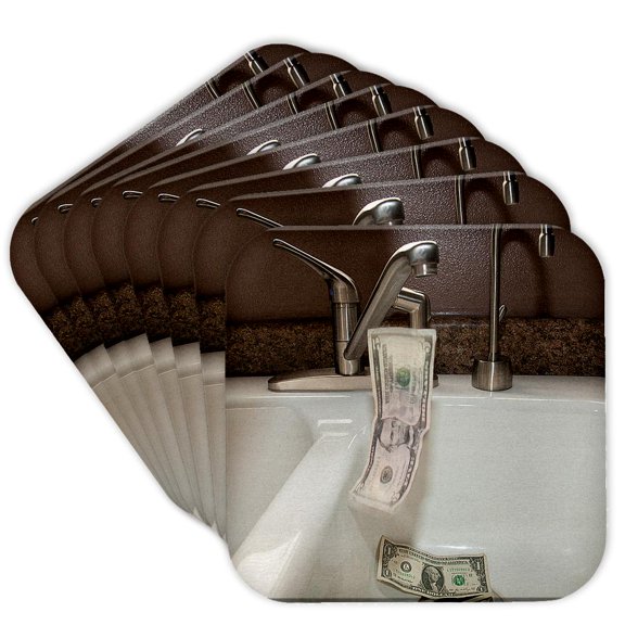 3drose, a White Porcelain Kitchen Sink with a Five and Two One Dollar Bills Falling into It down the Drain, Set of 8 Coasters - Cork