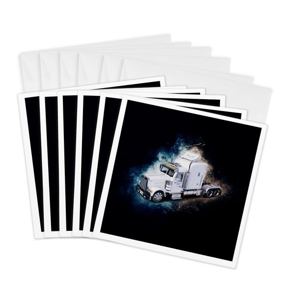 3drose, a White Semi Tractor Trailer Truck Finished in a Distinctive Illustration Style, 6 Greeting Cards with Envelopes