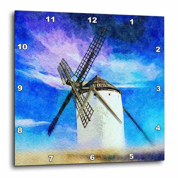 3drose, a Windmill Against a Blue Sky Image of Watercolor Painting, 10x10 Wall Clock