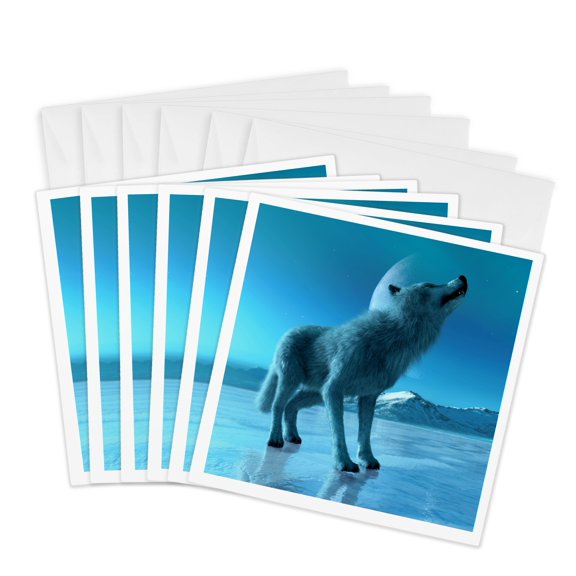 3drose, a Wolf Howling at the Arctic Moon, 6 Greeting Cards with Envelopes