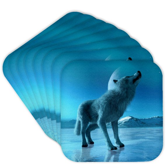 3drose, a Wolf Howling at the Arctic Moon, Set of 8 Coasters - Cork