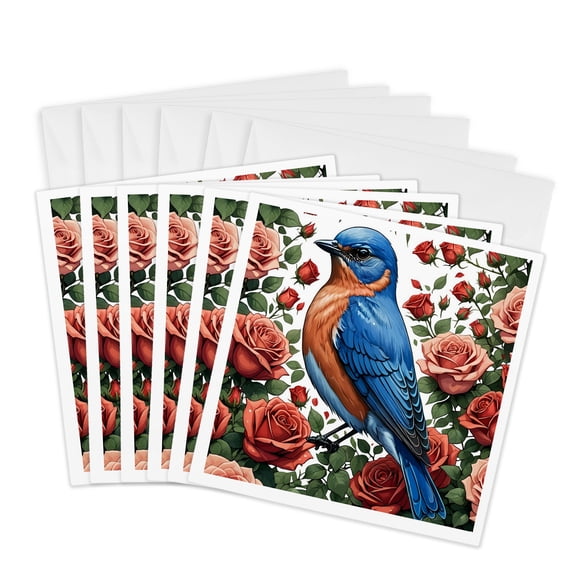 3drose, an Eastern Bluebird Surrounded by New York Roses 2, 6 Greeting Cards with Envelopes