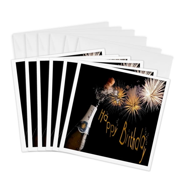 3drose, an Exploding Cork and Fireworks on Black with Happy Birthday Text, 6 Greeting Cards with Envelopes
