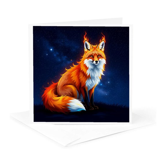 3drose, an Image of Magic Red Fox with Flames on Ears. Starry Night. Gift, 1 Greeting Card with Envelope