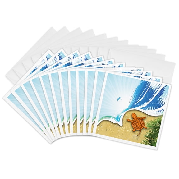 3drose, an Ocean and Beach Scene with a Sea Turtle, 12 Greeting Cards with Envelopes