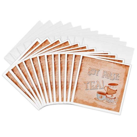 3drose, but First Tea Typography Art with Tea Cups, 12 Greeting Cards with Envelopes