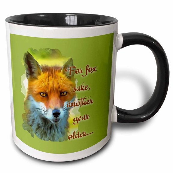 3drose, for Fox Sake Another Year Older with Beautiful Artistic Fox, 11oz Two-tone Black Mug