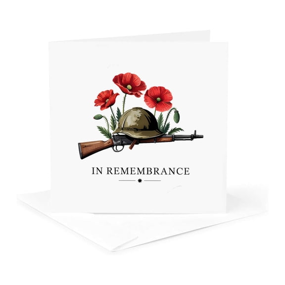 3drose, in Remembrance. Three Poppies, a Helmet, a Rifle. Memorial Day Gift, 1 Greeting Card with Envelope