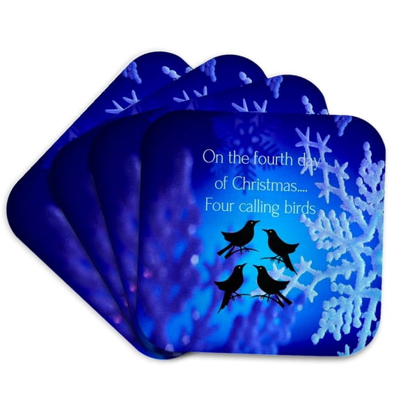 3drose, on the Fourth Day of Christmas Four Calling Birds Snowlflake Blue, Set of 4 Coasters - Soft