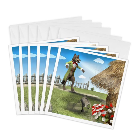3drose, the Big Bad Wolf Blowing the House Down, 6 Greeting Cards with Envelopes