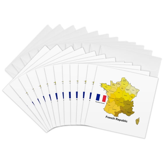 3drose, the Colorful Flag and Map of France with All the French Administrative Regions Identified., 12 Greeting Cards with Envelopes