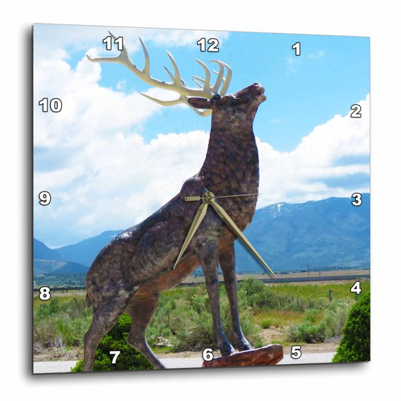 3drose, the Elk Statue in Beaver Utah with Blue Sky and Some Clouds, 10x10 Wall Clock