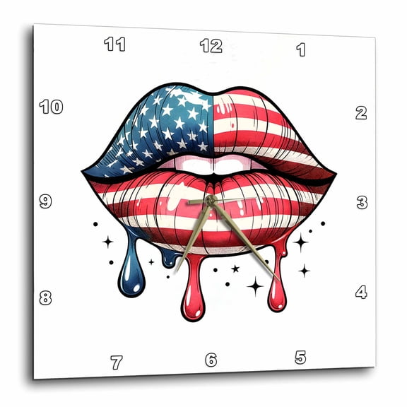 3drose, the Usa Flag Decorated Lips, Dripping Red, Blue Paint. Artsy Gift, 10x10 Wall Clock